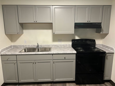 Kitchen stove and counter top view